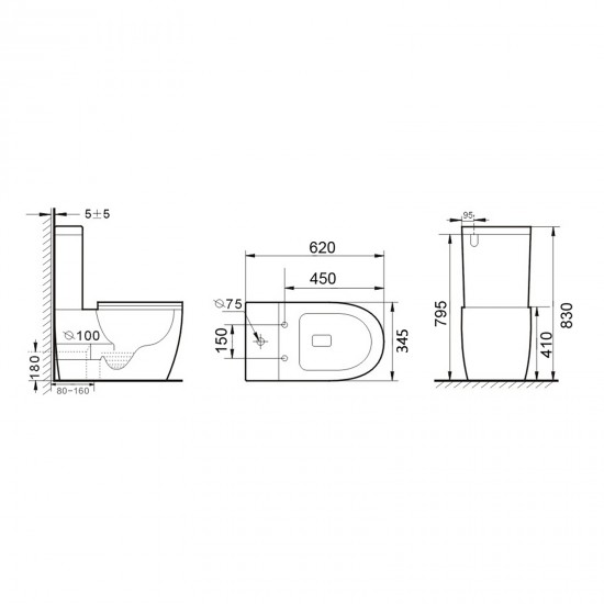 630x360x830mm Ceramic Black Rimless Back To Wall Toilets Suite Two Piece Toilets 